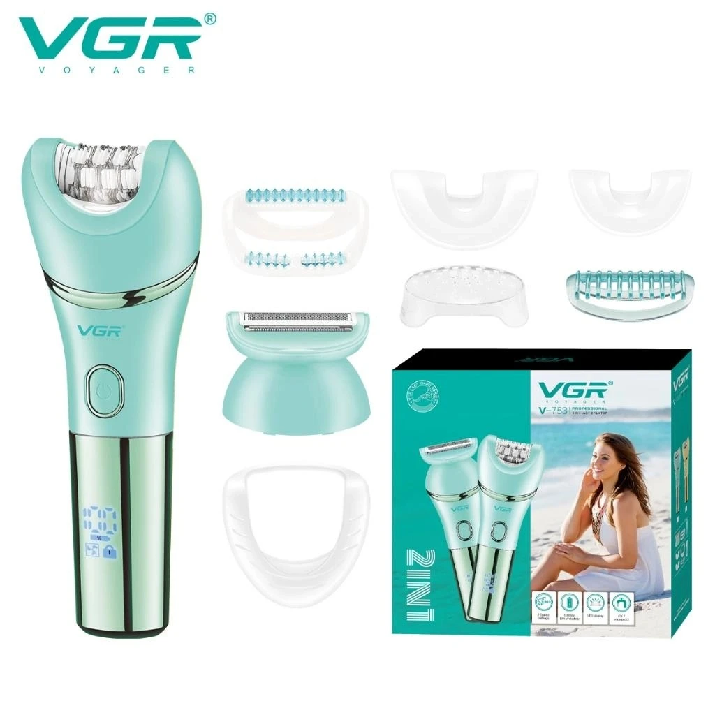 جهاز إزالة شعر VGR V-753 النسائي 5 في 1 الاحترافي - مقاوم للماء IPX7، رؤوس متعددة (للوجه، الجسم، تنظيف، تدليك، إزالة مسامير القدم)، شاشة LED، سرعتان