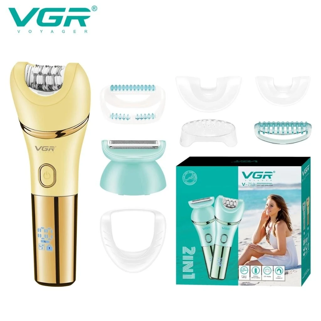 جهاز إزالة شعر VGR V-753 النسائي 5 في 1 الاحترافي - مقاوم للماء IPX7، رؤوس متعددة (للوجه، الجسم، تنظيف، تدليك، إزالة مسامير القدم)، شاشة LED، سرعتان