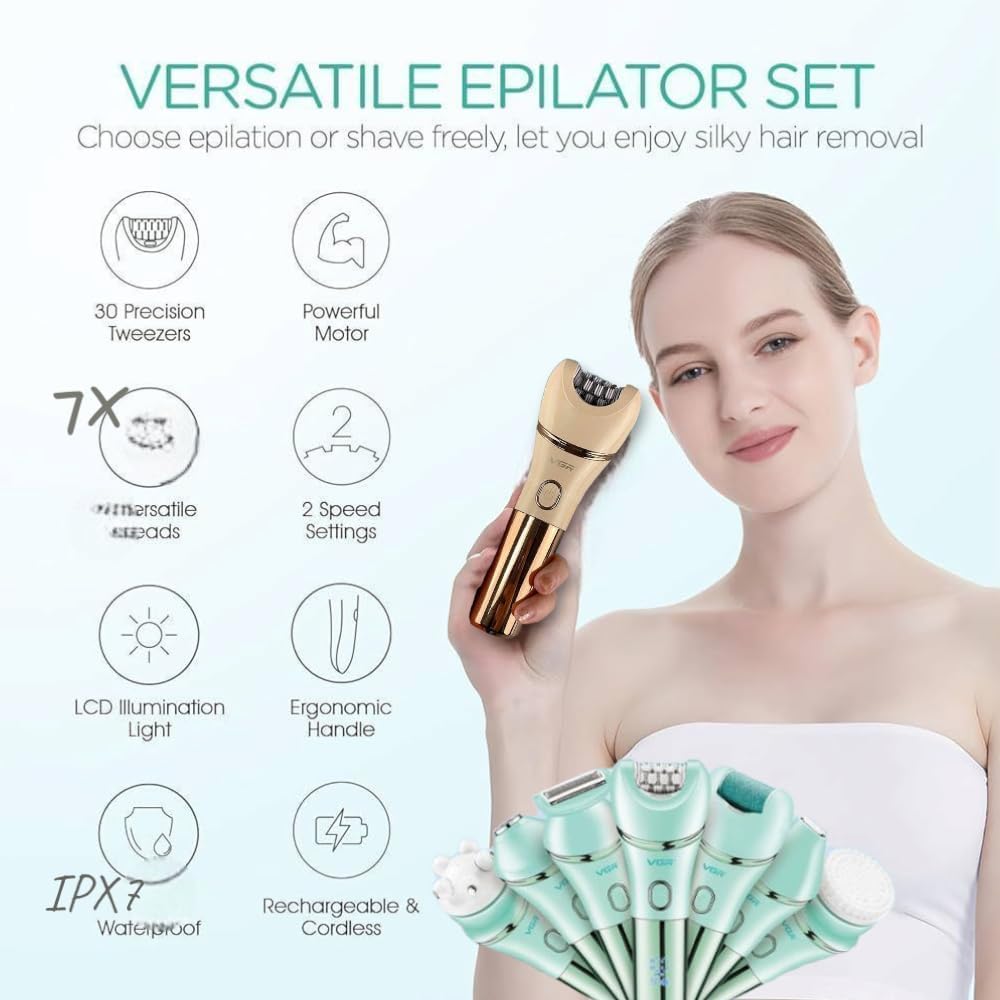 جهاز إزالة شعر نسائي VGR V-756 متعدد الاستخدامات 7 في 1 الاحترافي - مقاوم للماء IPX7، بطارية ليثيوم 90 دقيقة، شحن سريع، تصميم مدمج للسفر