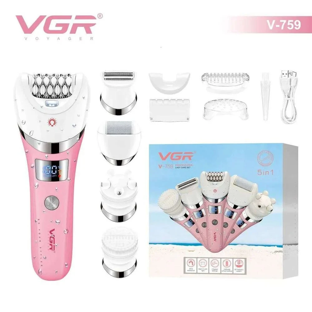 جهاز إزالة شعر VGR V-759 النسائي 5 في 1 الاحترافي - مقاوم للماء IPX7، نظام 30 ملقطًا، ضوء LED، سرعتان، بطارية 180 دقيقة، شحن USB