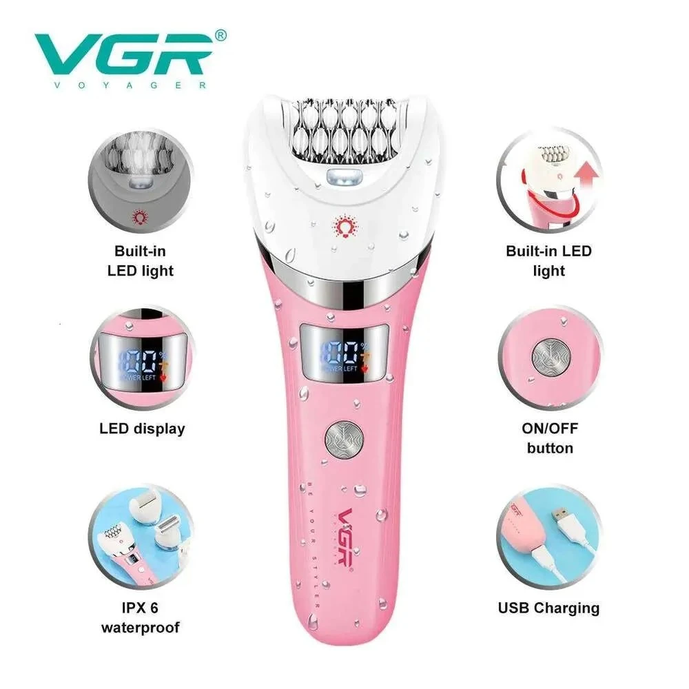 جهاز إزالة شعر VGR V-759 النسائي 5 في 1 الاحترافي - مقاوم للماء IPX7، نظام 30 ملقطًا، ضوء LED، سرعتان، بطارية 180 دقيقة، شحن USB
