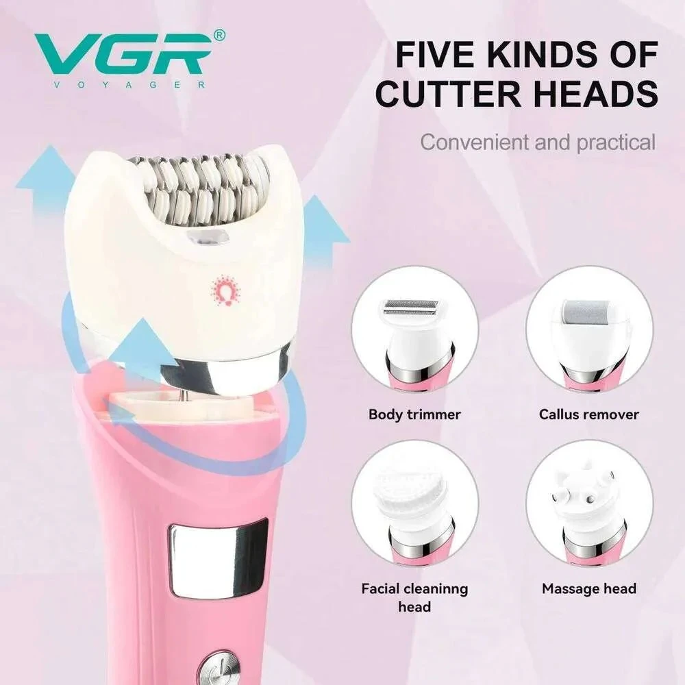 VGR V-759 Professional 5-in-1 Women's Hair Removal Device - IPX7 Waterproof, 30-Tweezer System, LED Light, Two Speeds, 180-Minute Battery, USB Charging