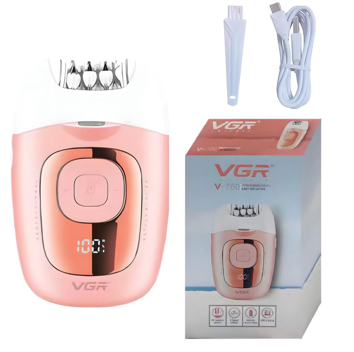 ماكينة إزالة الشعر اللاسلكية VGR V-760 للسيدات - 8 ملقطًا من الستانلس ستيل، سرعتان، إضاءة LED مدمجة، بطارية 90 دقيقة، شحن USB-C، تصميم خفيف ومقاوم للانزلاق