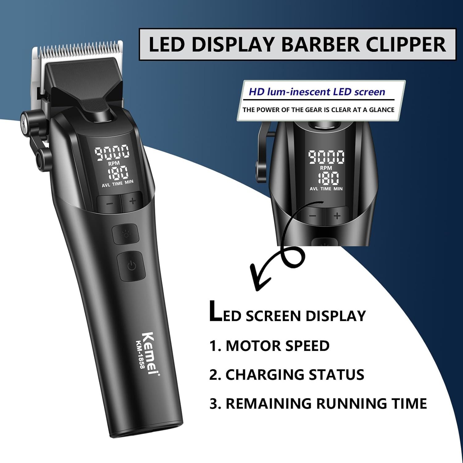 Kemei professional hair clipper with LED screen and 4600 mAh battery KM-1858 — image 4