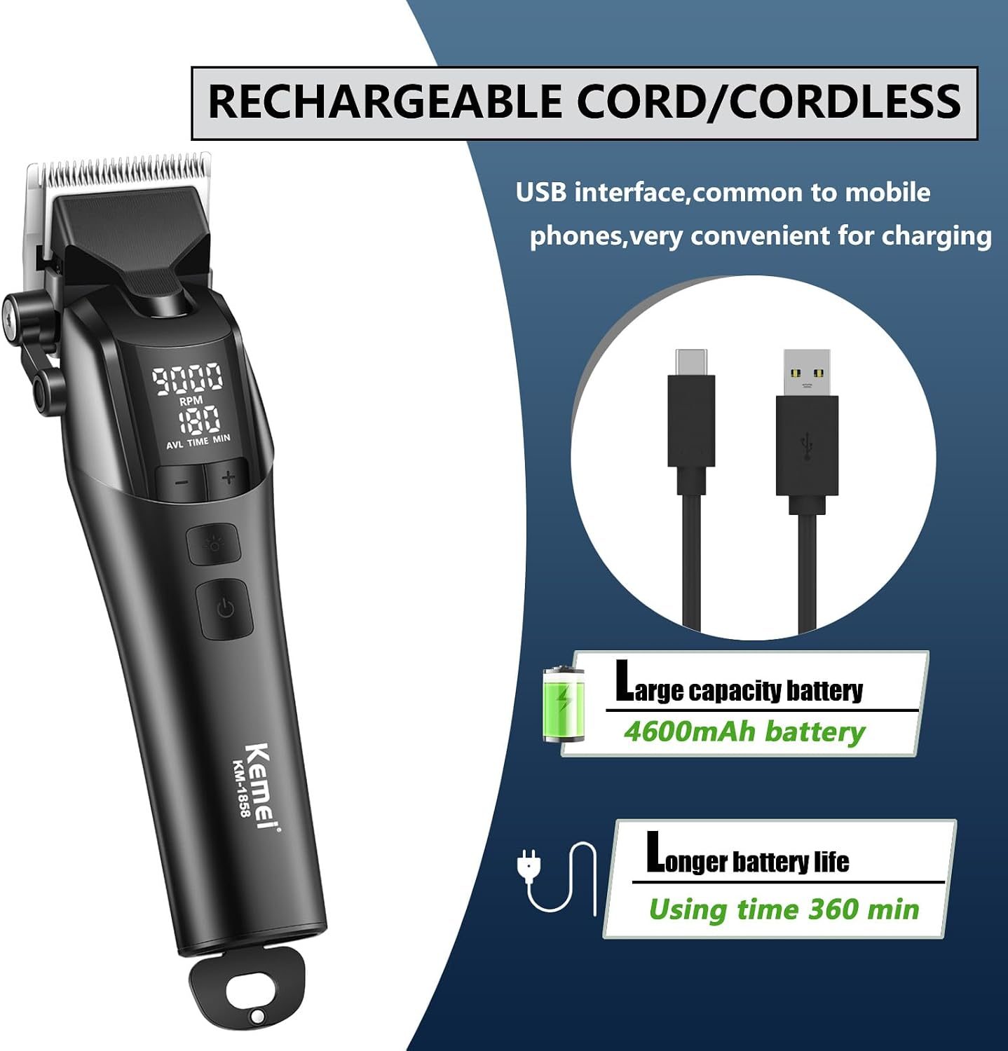 Kemei professional hair clipper with LED screen and 4600 mAh battery KM-1858 — image 3