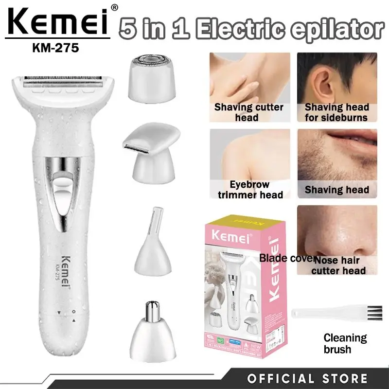 Kemei KM-275 ماكينة حلاقة وإزالة شعر نسائية متعددة الوظائف 5 في 1 لحلاقة وتشذيب وإزالة شعر الجسم والعناية بمناطق مختلفة باستخدام رؤوس قابلة للتبديل — صورة 4