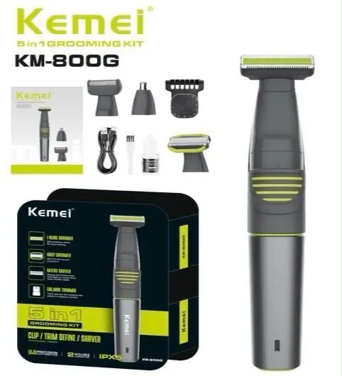 Kemei KM-800G ماكينة حلاقة وتشذيب متعددة الاستخدامات 5 في 1 لحلاقة وتشذيب شعر الجسم والوجه والمناطق الحساسة، مع ملحق لتشذيب شعر الأنف