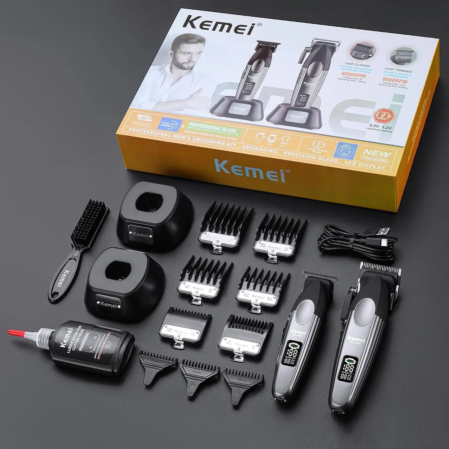 Kemei KM-8536 طقم ماكينتي حلاقة وتشذيب للشعر واللحية لقص الشعر وتشذيب وتحديد اللحية لاسلكيًا — صورة 3