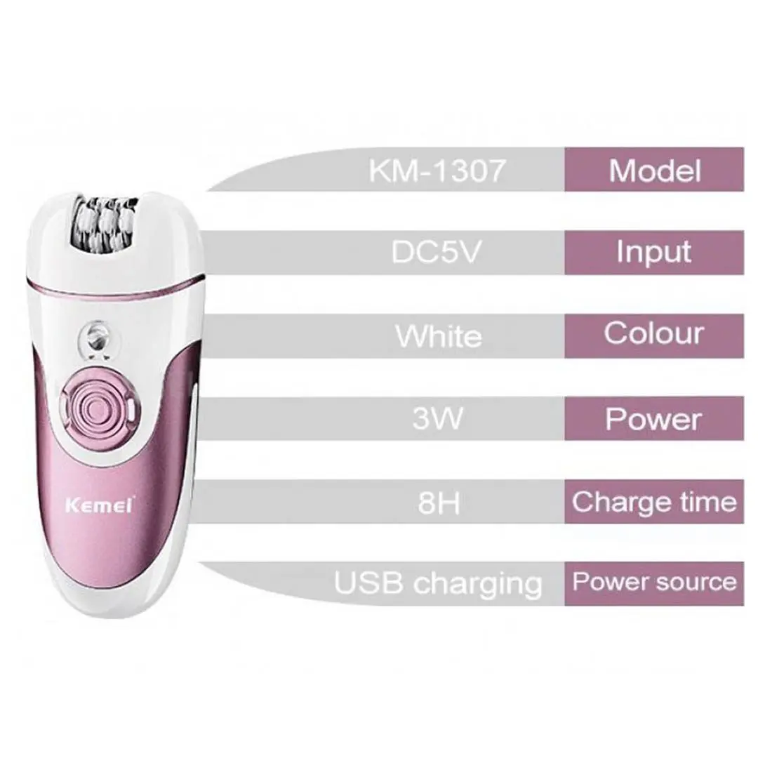 Kemei KM-1307 ماكينة إزالة شعر نسائية 4 في 1 لإزالة شعر الجسم والوجه والعناية بالقدمين باستخدام رؤوس قابلة للتبديل — صورة 3
