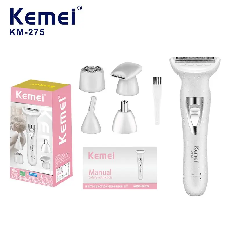 Kemei KM-6713 ماكينة حلاقة وإزالة شعر نسائية 4 في 1 لإزالة شعر الوجه والجسم والعناية الشخصية باستخدام رؤوس قابلة للتبديل — صورة 1