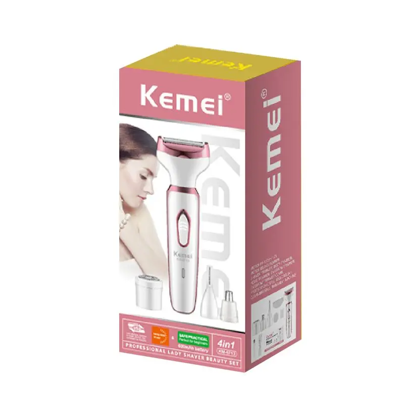 Kemei KM-6713 ماكينة حلاقة وإزالة شعر نسائية 4 في 1 لإزالة شعر الوجه والجسم والعناية الشخصية باستخدام رؤوس قابلة للتبديل — صورة 4