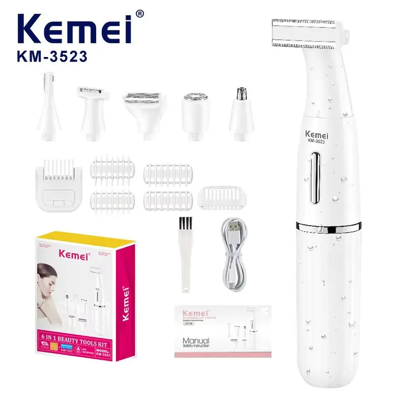 Kemei KM-3523 مجموعة حلاقة وتشذيب كهربائية متعددة الرؤوس لإزالة الشعر وحلاقة وتشذيب الوجه والجسم للاستخدام الرطب أو الجاف — صورة 4