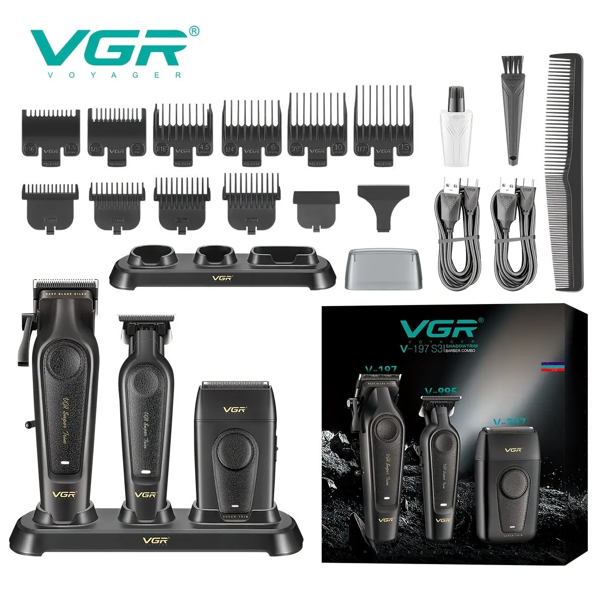 VGR V-197s3 طقم حلاقة وتشذيب 3 في 1 لقص الشعر وتحديد اللحية والشارب وتشطيب الحلاقة