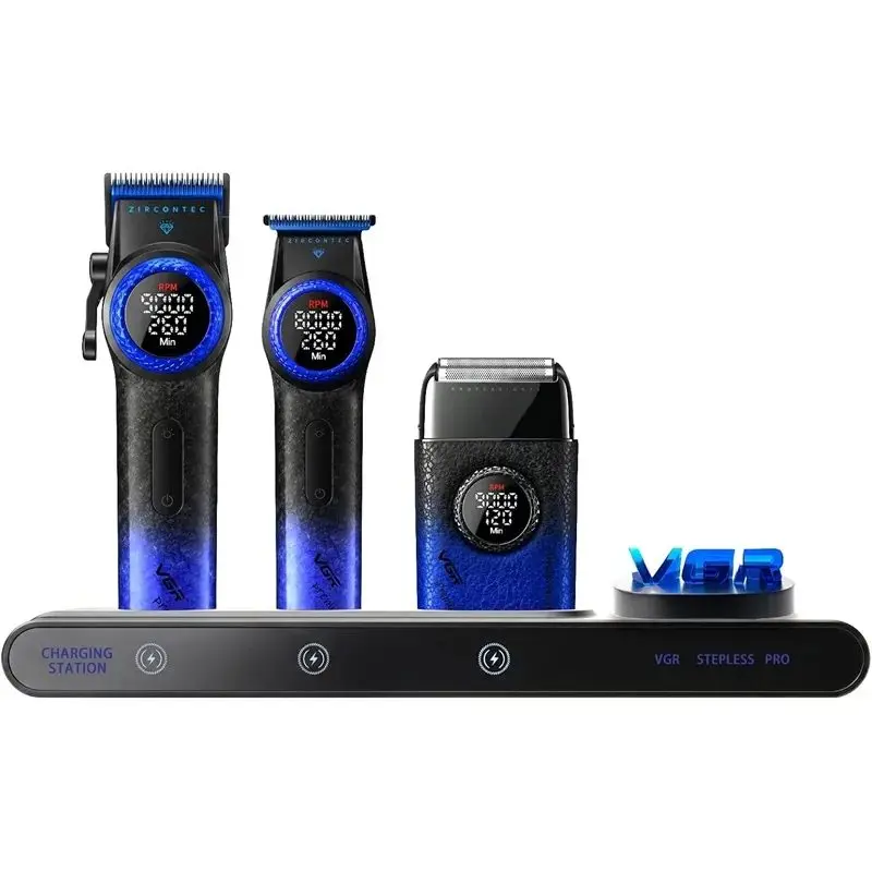 VGR Stepless Pro 3 in 1 Blue طقم ماكينات حلاقة وعناية رجالي 3 في 1 لقص الشعر، تشذيب اللحية، والحلاقة الناعمة للوجه