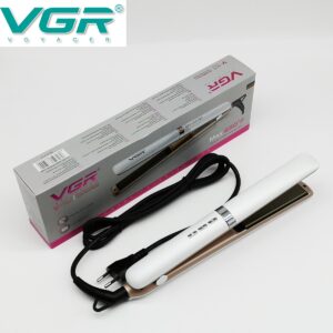 مكواة فرد الشعر VGR V-522 الاحترافية - بألواح سيراميك تورمالين (10.3x2.5 سم)، درجات حرارة قابلة للتعديل 300-450°F، شاشة LED، سلك دوار 360°، تصميم أبيض أنيق