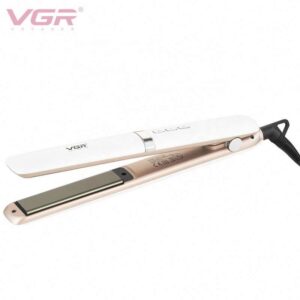مكواة فرد الشعر VGR V-522 الاحترافية - بألواح سيراميك تورمالين (10.3x2.5 سم)، درجات حرارة قابلة للتعديل 300-450°F، شاشة LED، سلك دوار 360°، تصميم أبيض أنيق