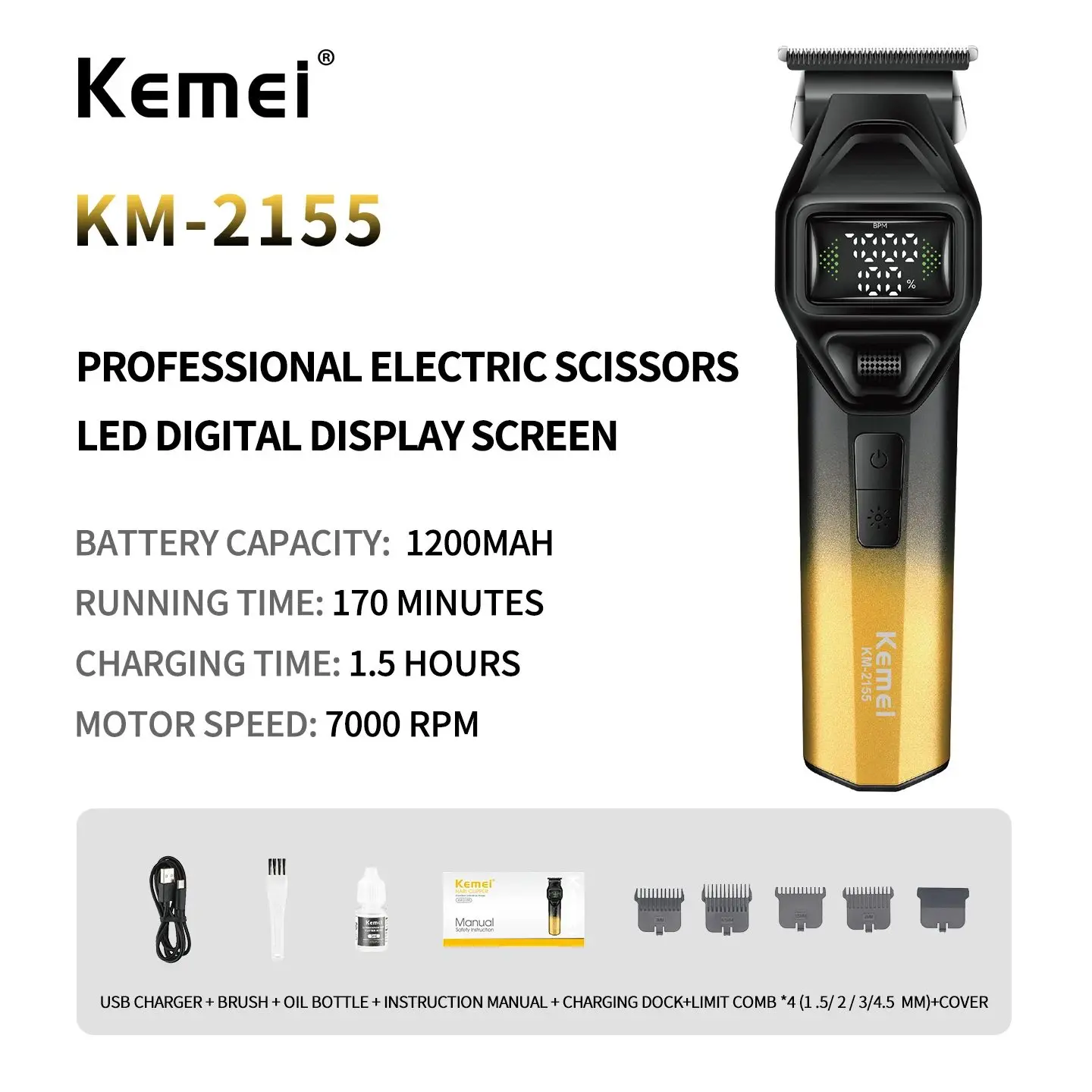 ⁦Kemei Km-2155 ماكينة حلاقة وتشذيب كهربائية لاسلكية لتشذيب الشعر واللحية والتحديد ورسم الخطوط بدقة⁩ - الصورة ⁦2⁩